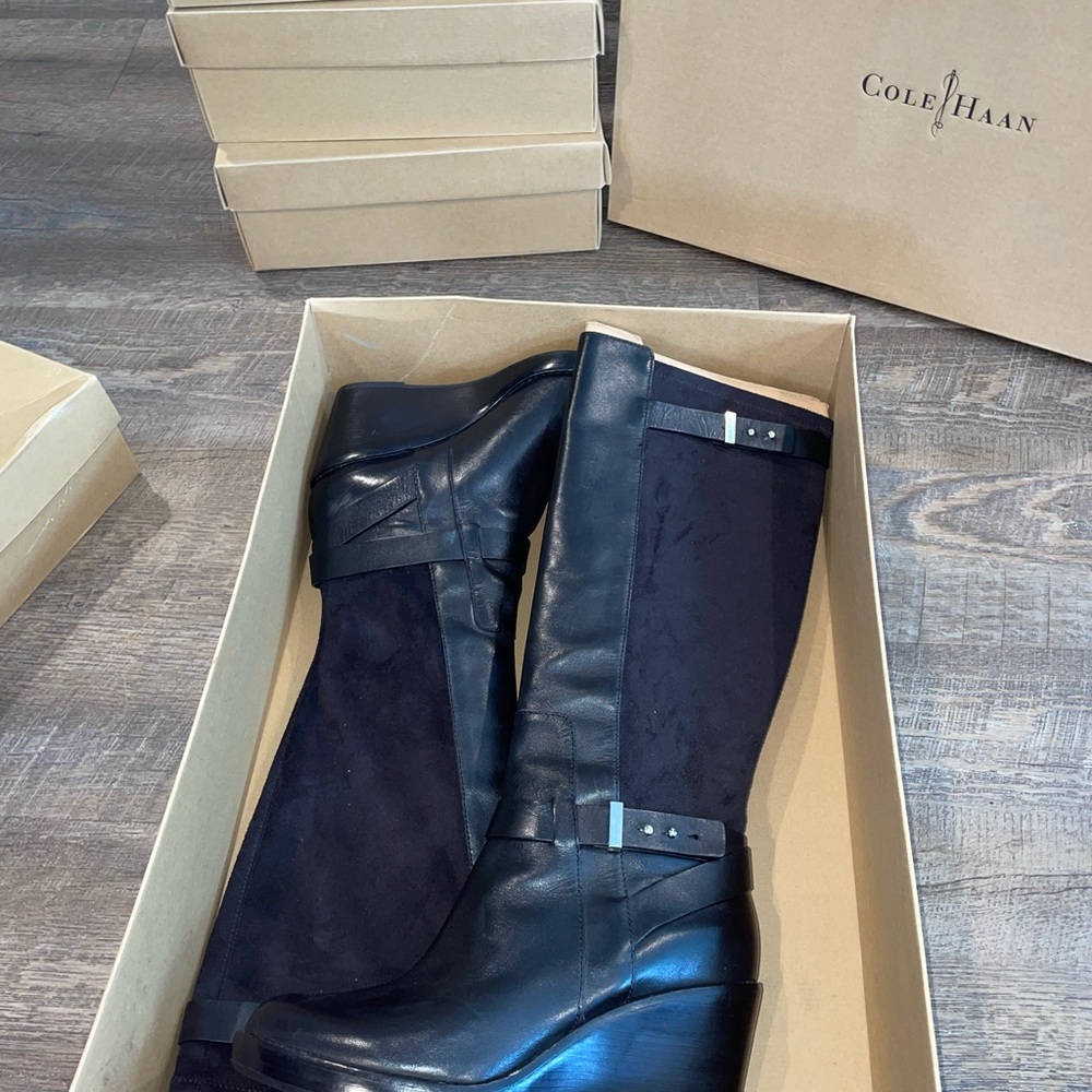 Cole Haan Black Leather and Suede Knee-High Wedge Boots - Picture 3 of 10